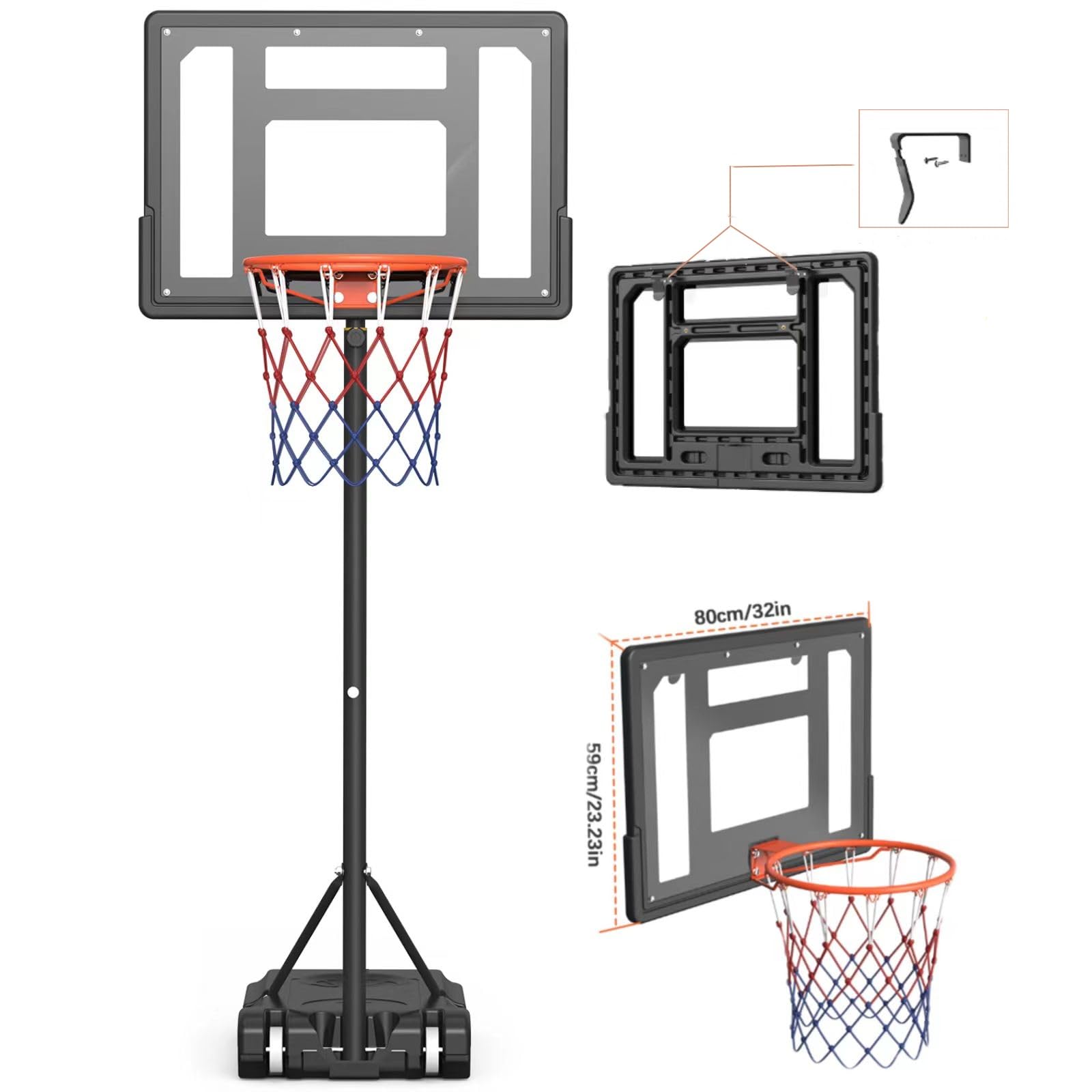 Panier de basket pour enfants, extérieur, hauteur réglable 1,5-2,1 m, panneau de 81 cm, panier de basket portable pour enfants/adolescents/jardin/allée/intérieur/piscine