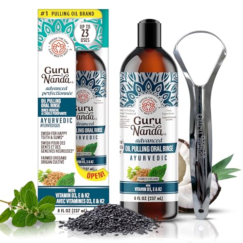 GuruNanda Advanced Formula Oil Pulling with Tongue Scraper - Oil Pulling for Healthy Teeth & Gums with Vitamin DE - Coconut Oil Natural Mouthwash Helps with Fresh Breath & Teeth Whitening (237 mL)