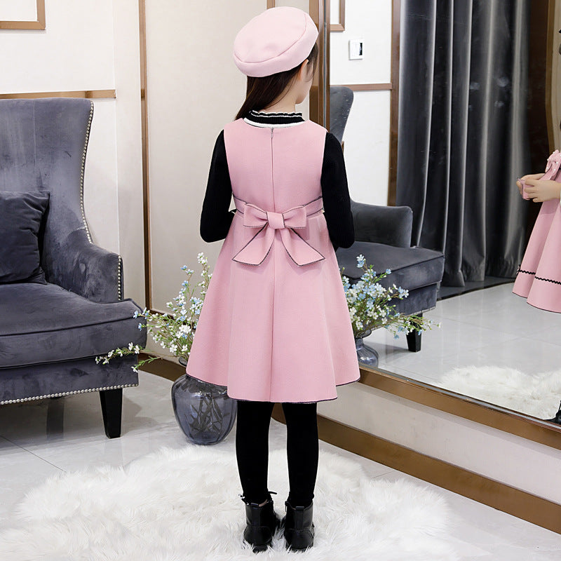 Girls' Casual Dress with Hood and Vest Design