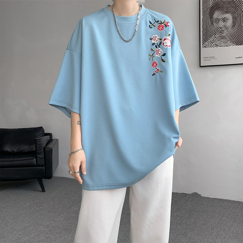 Embroidered Flower Oversized T-Shirt for Couples