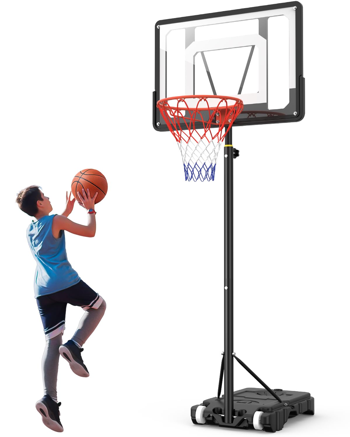 Panier de basketball portable intérieur extérieur : Hauteur réglable de 1,5 à 2,1 m pour enfants, avec panneau incassable de 84 cm et roues de support, idéal pour les enfants, adolescents et jeunes.