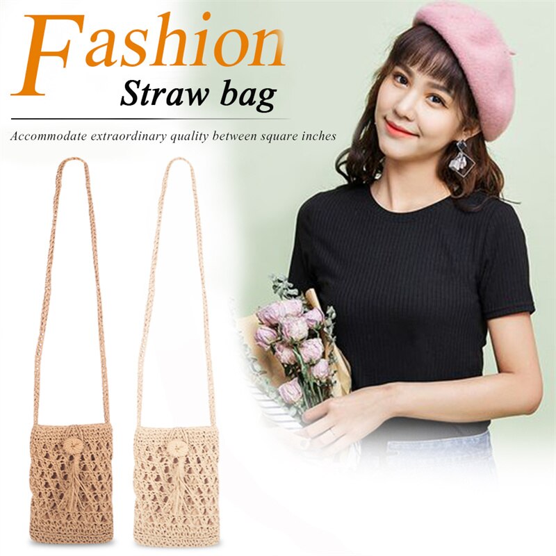 Vintage Handmade Straw Beach Phone Bag with Tassel
