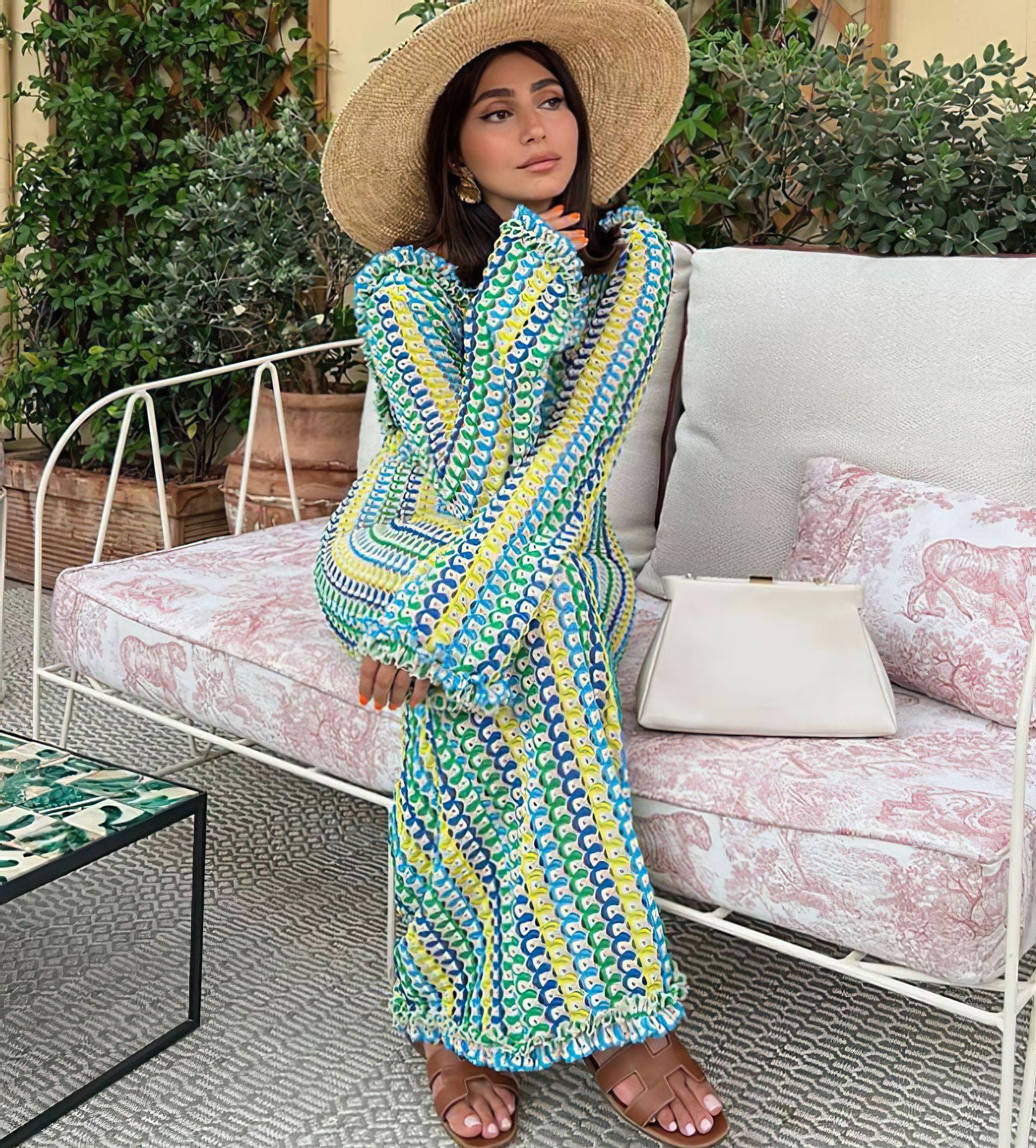 2023 Color Block Lace Backless Long Sleeve Dress