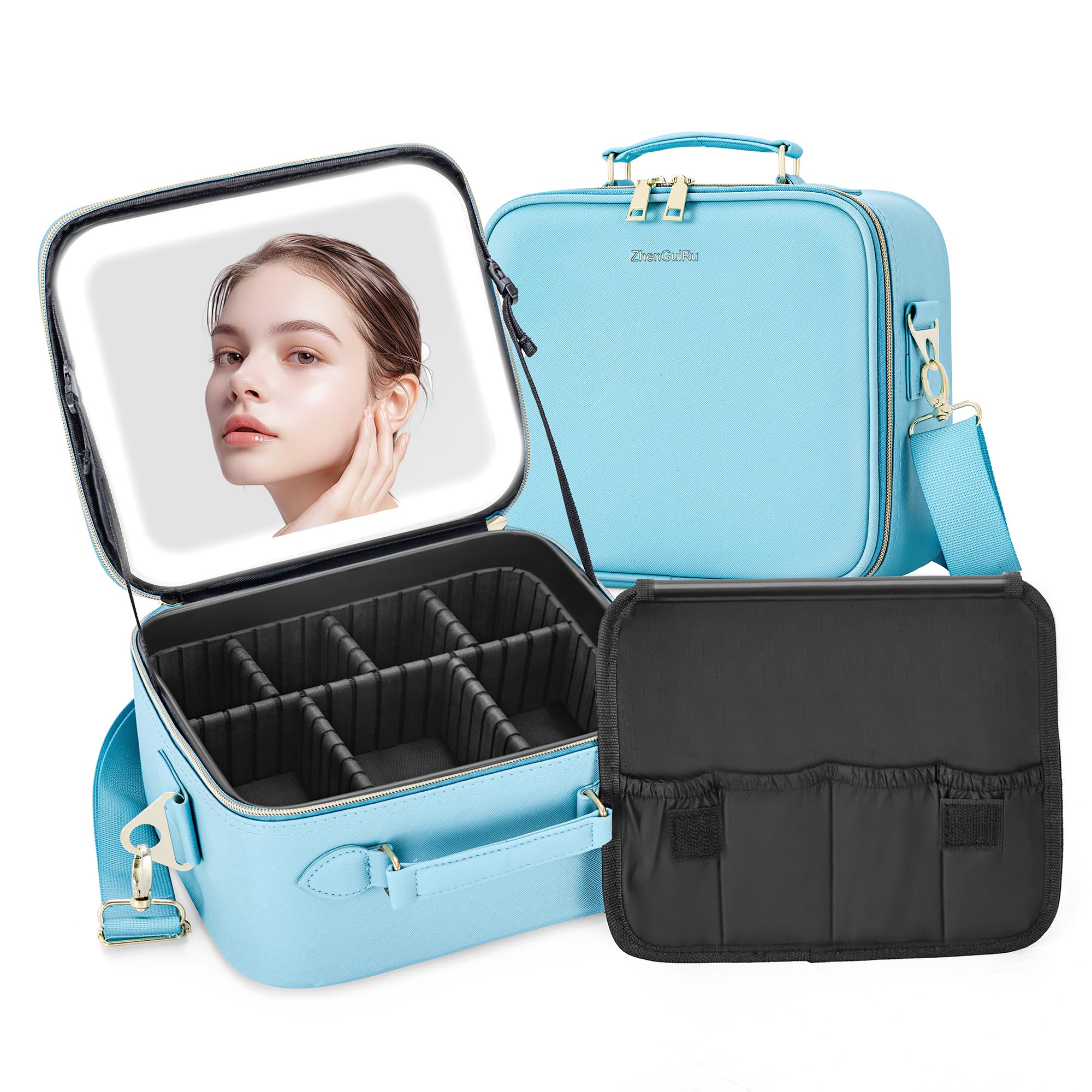ZhenGuiRu Makeup Bag with LED Mirror Portable Makeup Artist Organizer Case with Lighted Mirror Travel Makeup Bag for Cosmetic Brush Holder Storage Black Makeup Case for Women Gift
