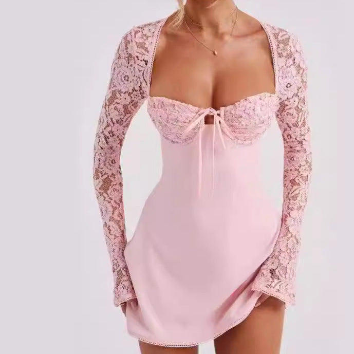 2023 Women's Fashion Lace Backless Long Sleeve Dress