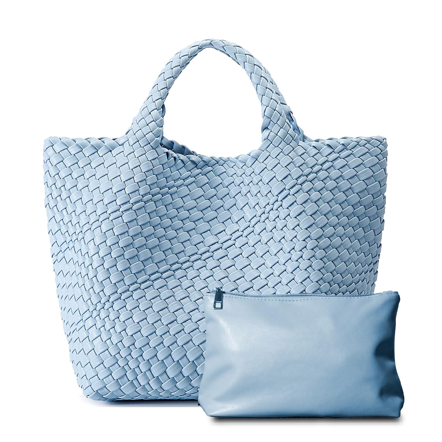 Dyalsa Women Woven Tote Bag 2PCS Vegan Leather Handbag Large Summer Beach Bag and Purse Handmade Hobo Bag Clutch Bag Set(Blue)