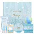 Cadeaux pour femme Ensemble cadeau bain et corps pour femme avec 5 pièces Cadeaux spa parfumés Océan pour femme Cadeaux de bain pour femme avec bougie parfumée Beurre corporel Crème pour les mains Bombe de bain Cadeaux pour femme pour Noël