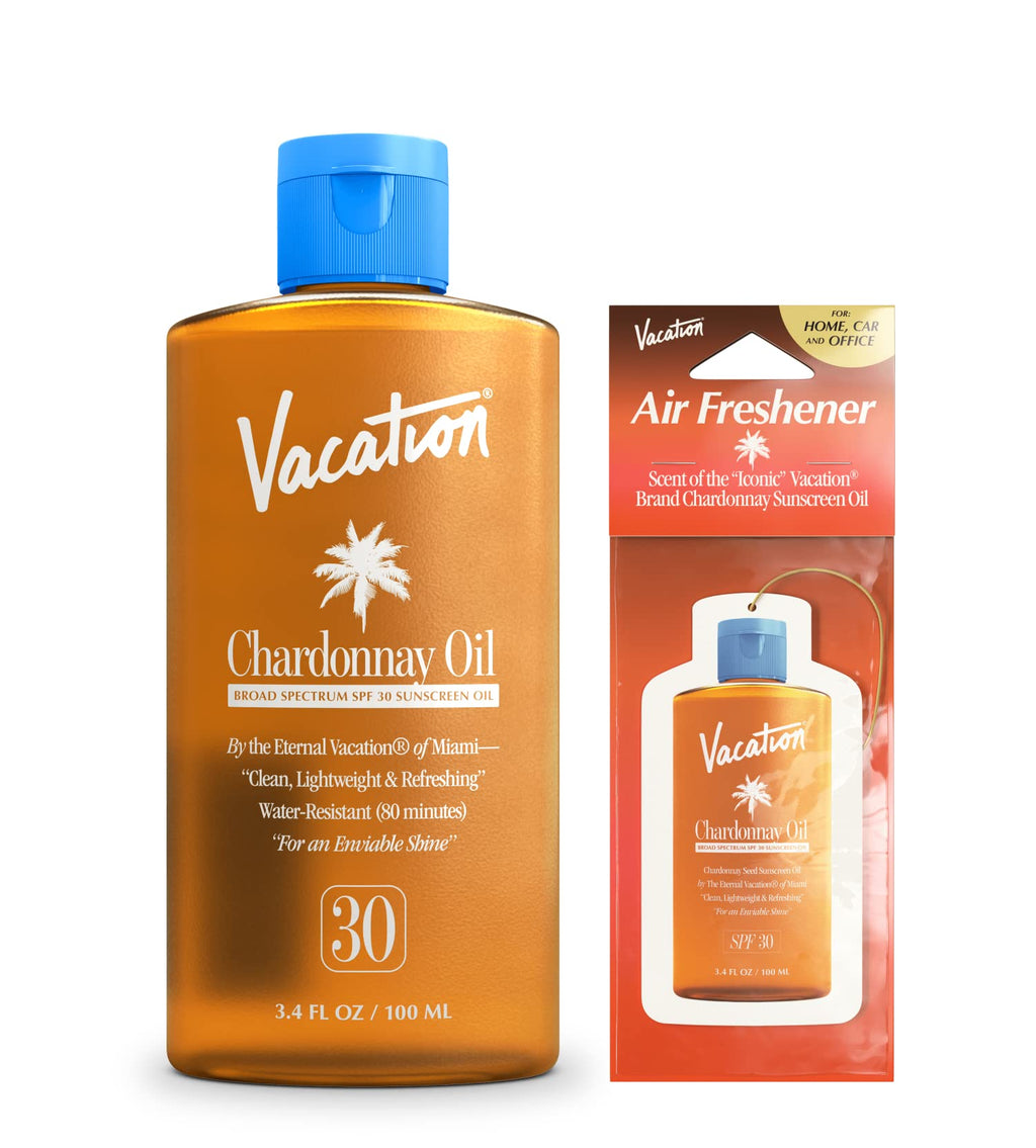 Vacation Chardonnay Oil SPF 30 + Air Freshener Bundle Vegan Suntan Oil with Broad Spectrum SPF Oxybenzone + Octinoxate Free Sunscreen Tanning Oil TSA Friendly Travel Size 3.4 fl. Oz.