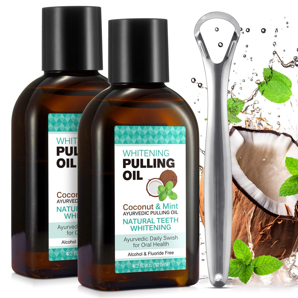 2Pack Coconut Pulling Oil for Teeth Whitening(4.2 Fl.Oz)Mouthwash Mint Oil Pulling with Tongue ScraperNatural Coconut & Peppermint Oil MouthwashSupports Healthy GumsDye FreeFresh Breath