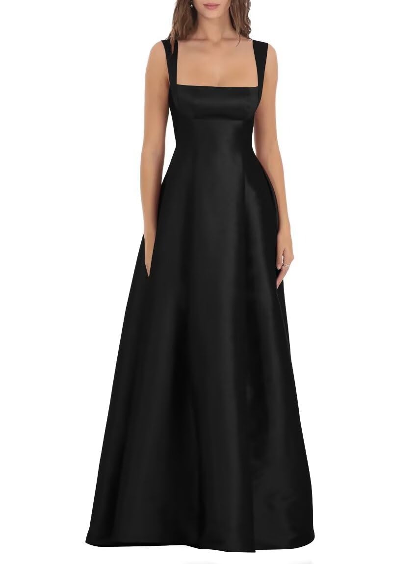 Women’s Spaghetti Straps Satin Prom Dresses with Bow A Line Bodycon Mermaid Maxi Dress Formal Evening Ball Gown Black US04