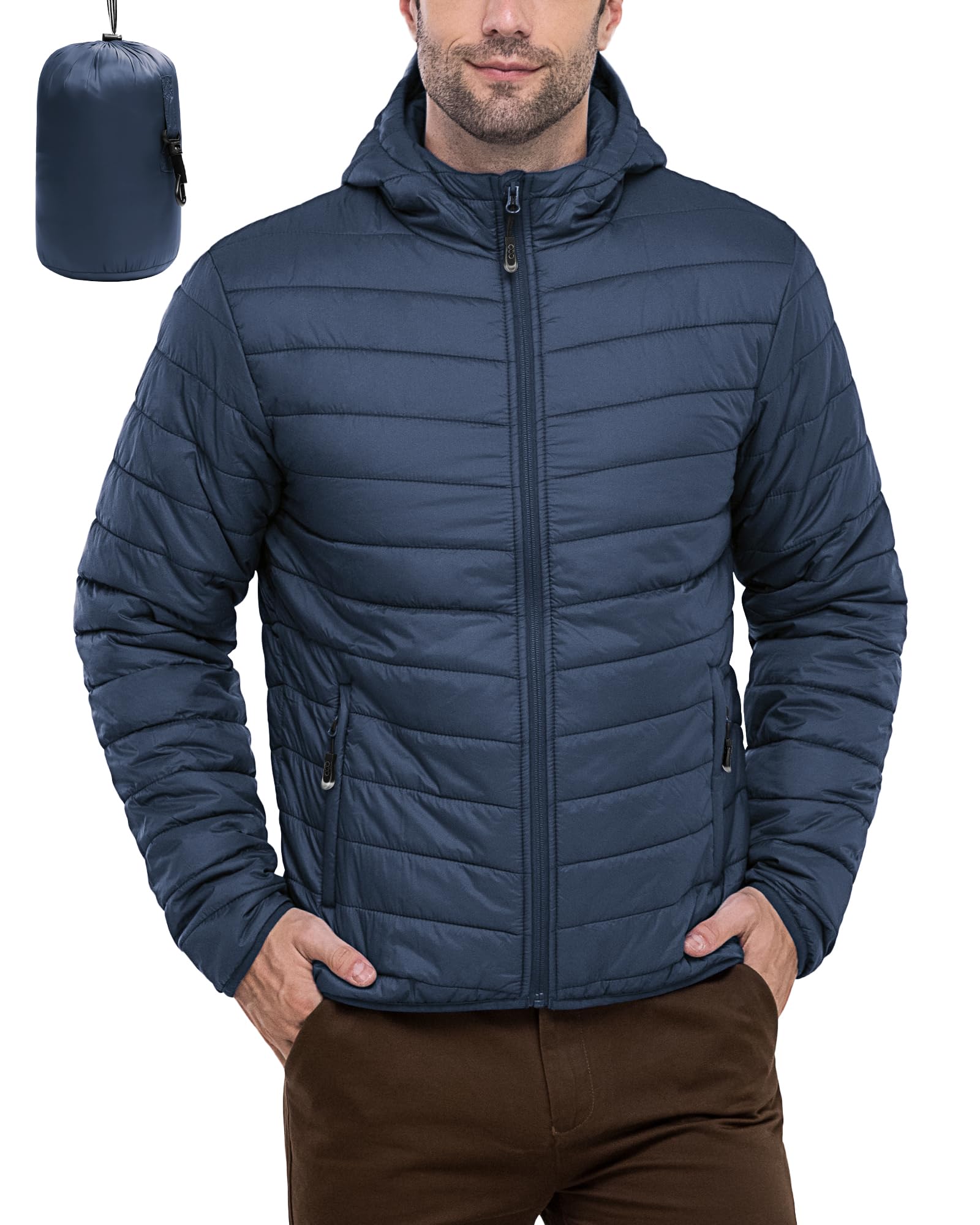 33000ft Mens Lightweight Packable Insulated Puffer Winter Jacket with Hood Water-Resistant Down Alternative Puffy Coat