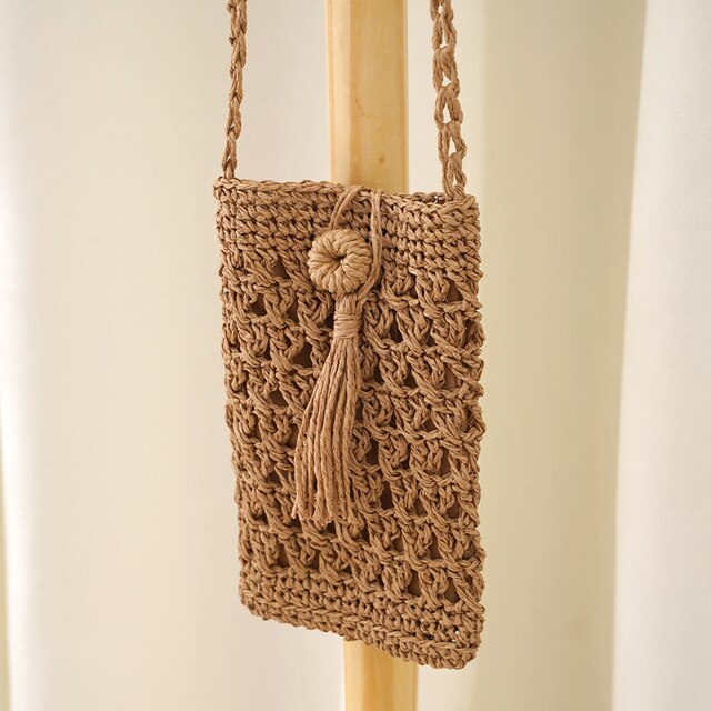Vintage Handmade Straw Beach Phone Bag with Tassel
