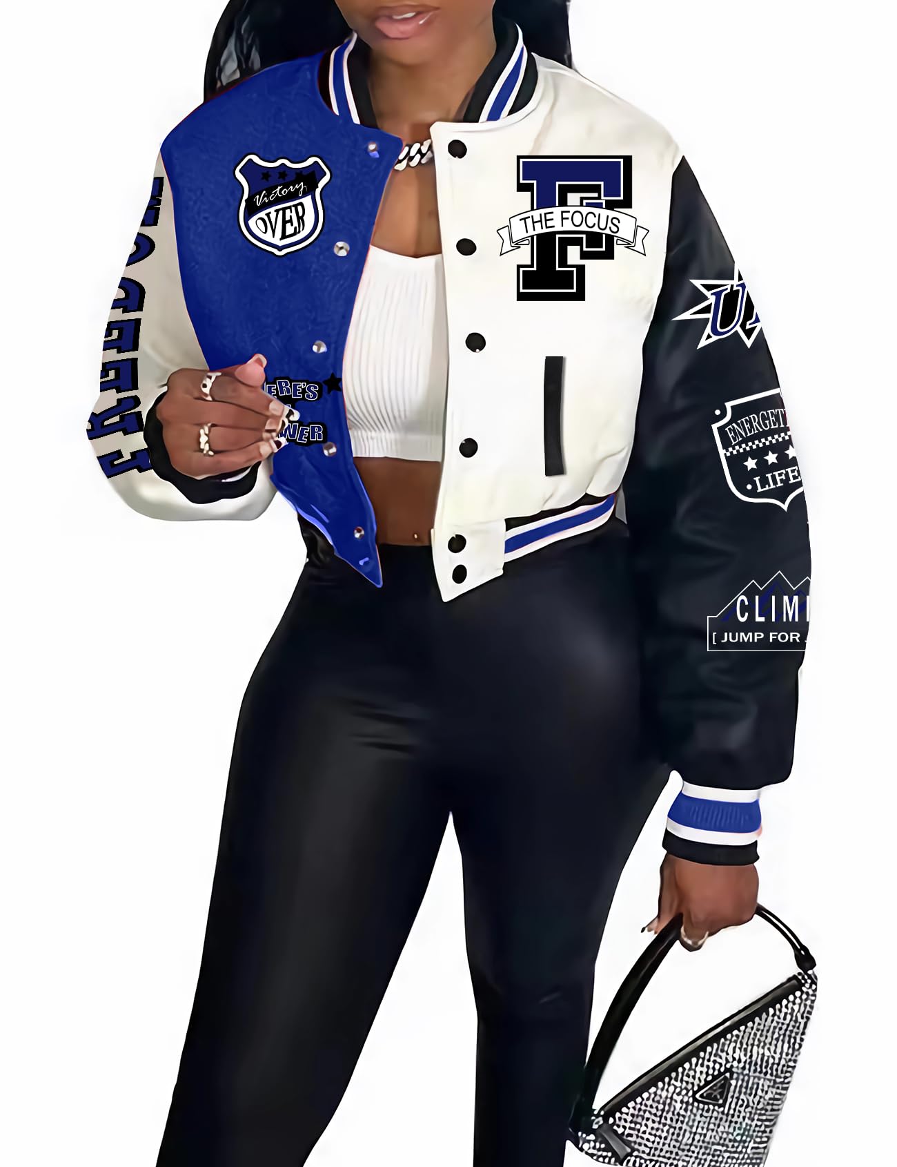 COZYPOIN Womens Varsity Jacket Cropped Letterman Jacket Lightweight Button Down Bomber Racer Baseball Y2K Coats(Blue-M1)