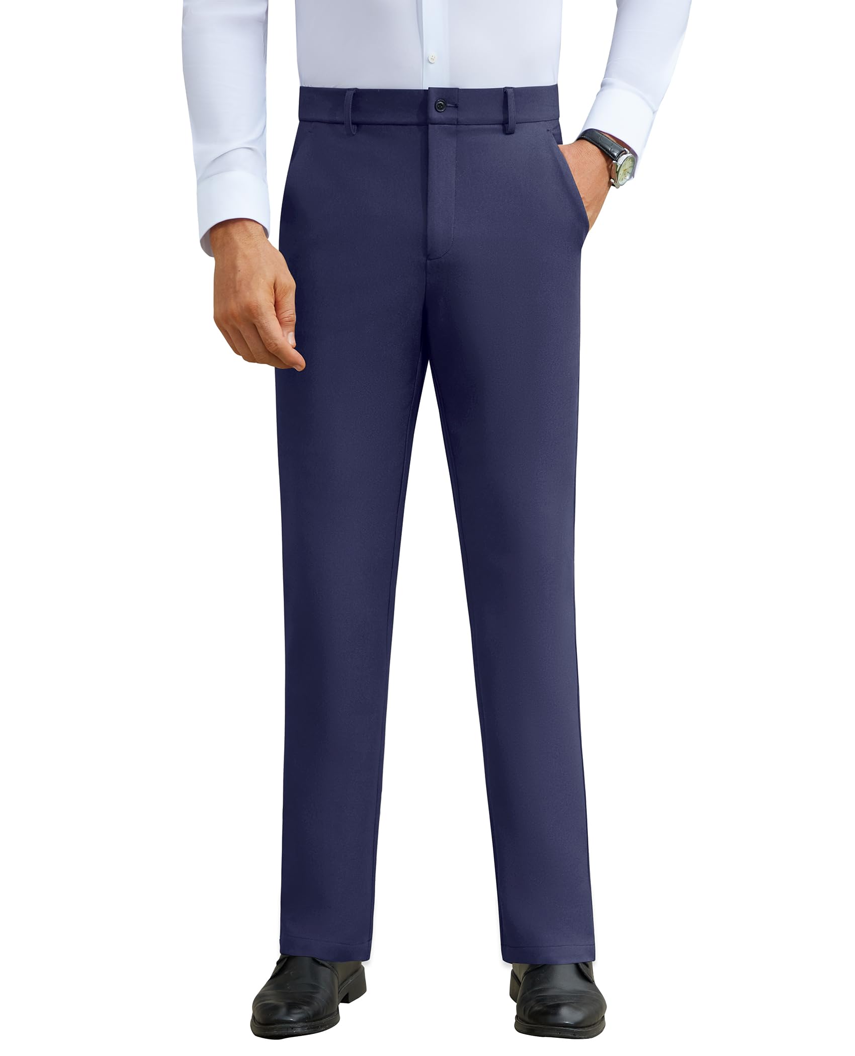 DEMEANOR Stretch Mens Dress Pants Slim Fit Dress Pants for Men Expandable Waist Wrinkle Free Work Dress Pants Golf Pants Navy Blue