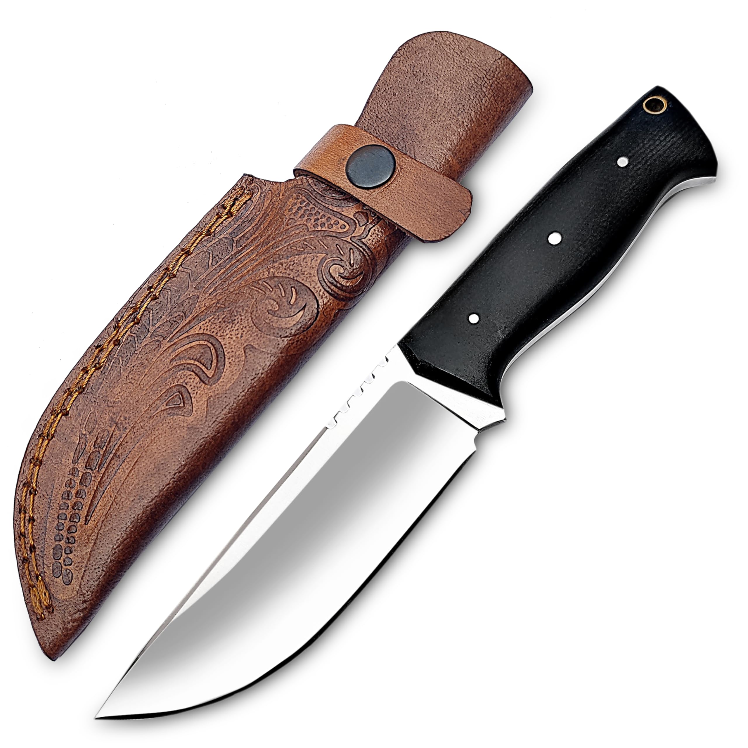 WARIVO KNIFE - Bushcraft Knife - Full Tang D2 Steel Fixed-Blade Knife with Leather Sheath - Skinning Knife- Camping Knives - Survival Tactical Camp Knife