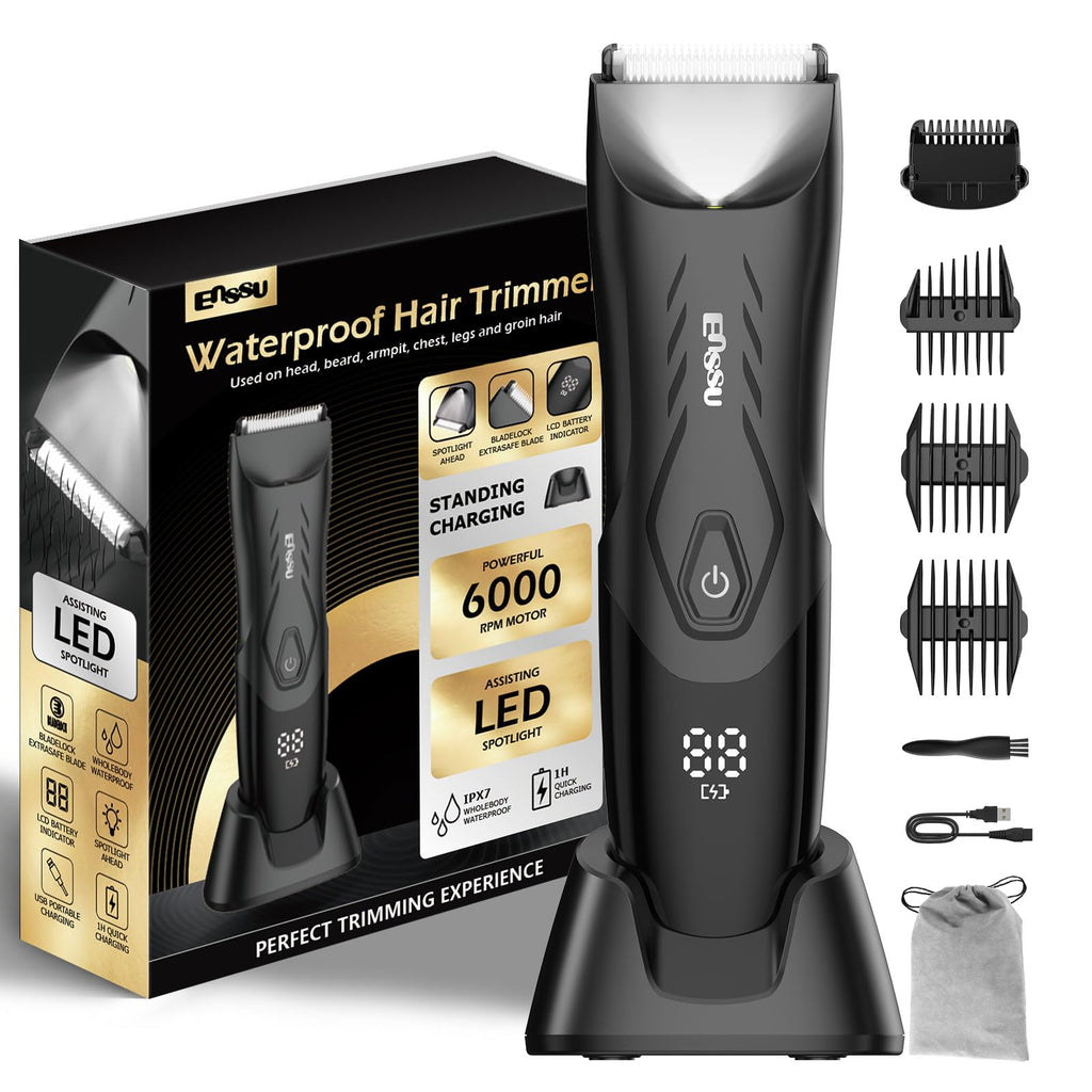 ENSSU Body Hair Trimmer for Men Pubic Groin Hair Trimmer for Men with Safe Blade Cordless Ball Shaver Men w/Light & Charging Dock Waterproof Body Groomer for Men LED Display &1H Quick ChargeBlack