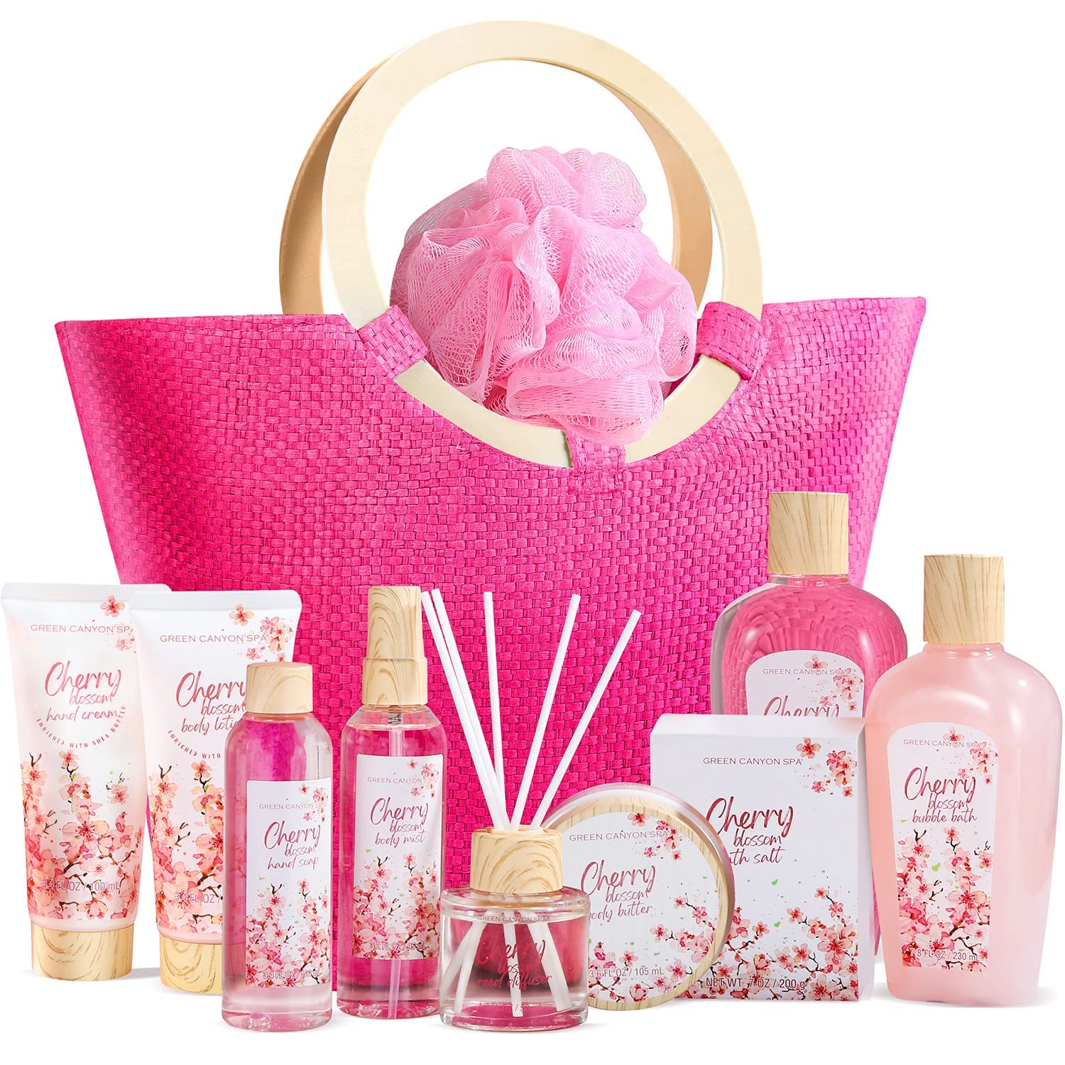 Green Canyon 11-Piece Cherry Blossom Spa Gift Bag Set for Women