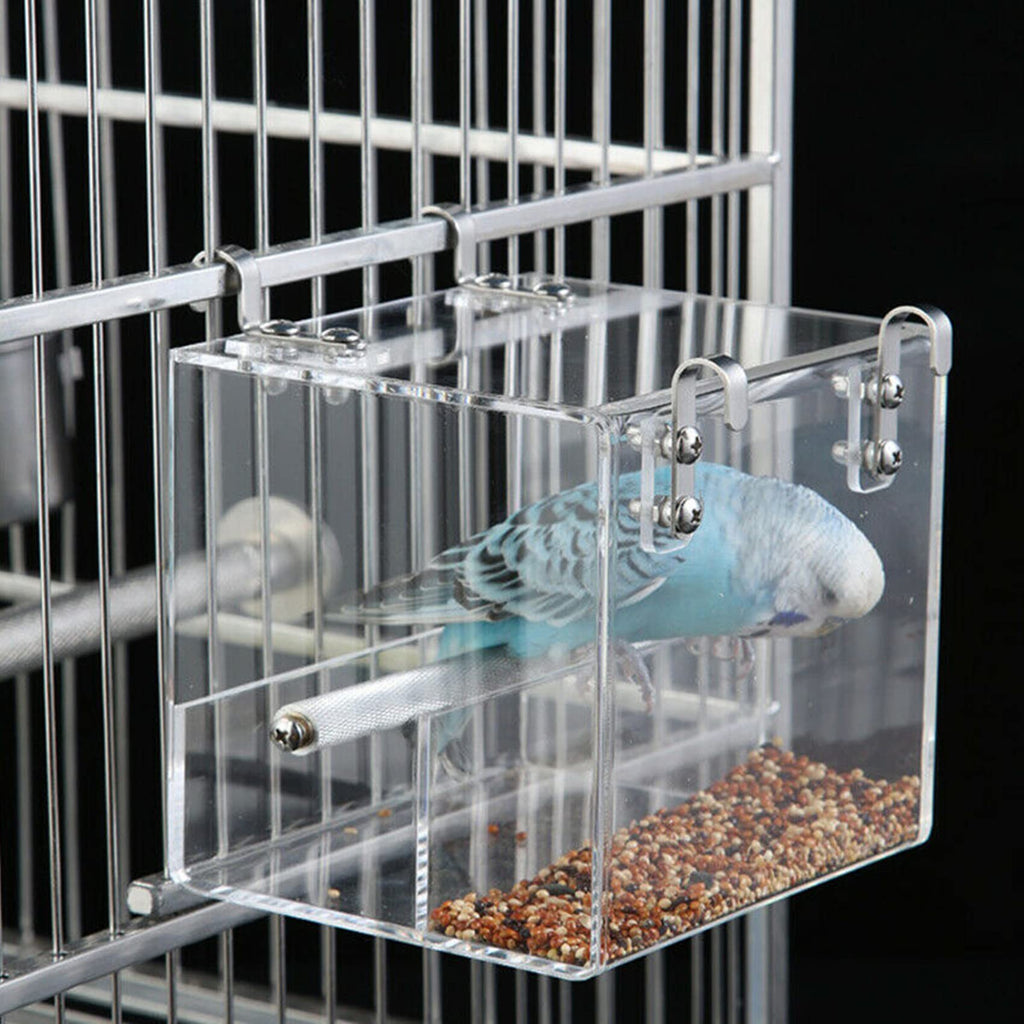 Mangeoire automatique pour oiseaux, pas de désordre, cage à oiseaux, récipient de nourriture pour perruche, canari, calopsitte, perroquet, pinson, canari, acrylique (13 x 13 x 10,9 cm)