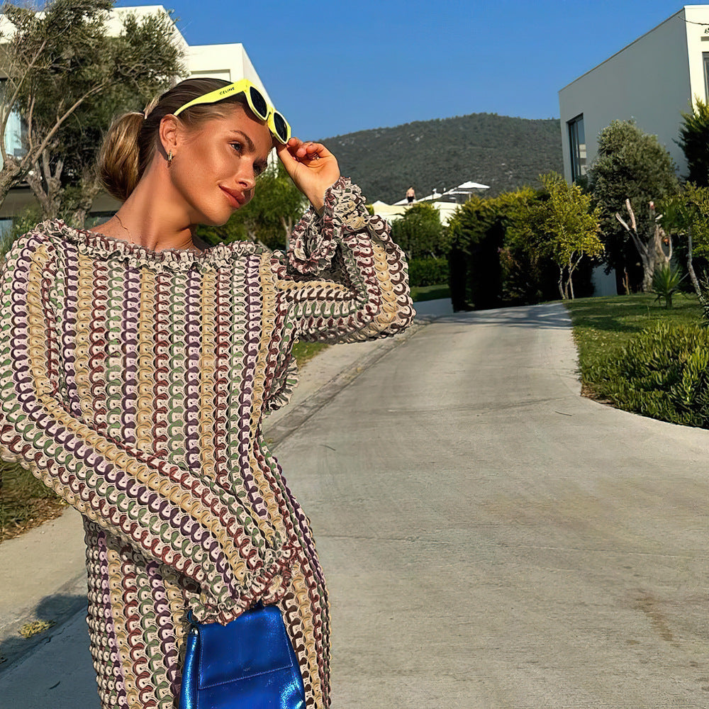 2023 Color Block Lace Backless Long Sleeve Dress