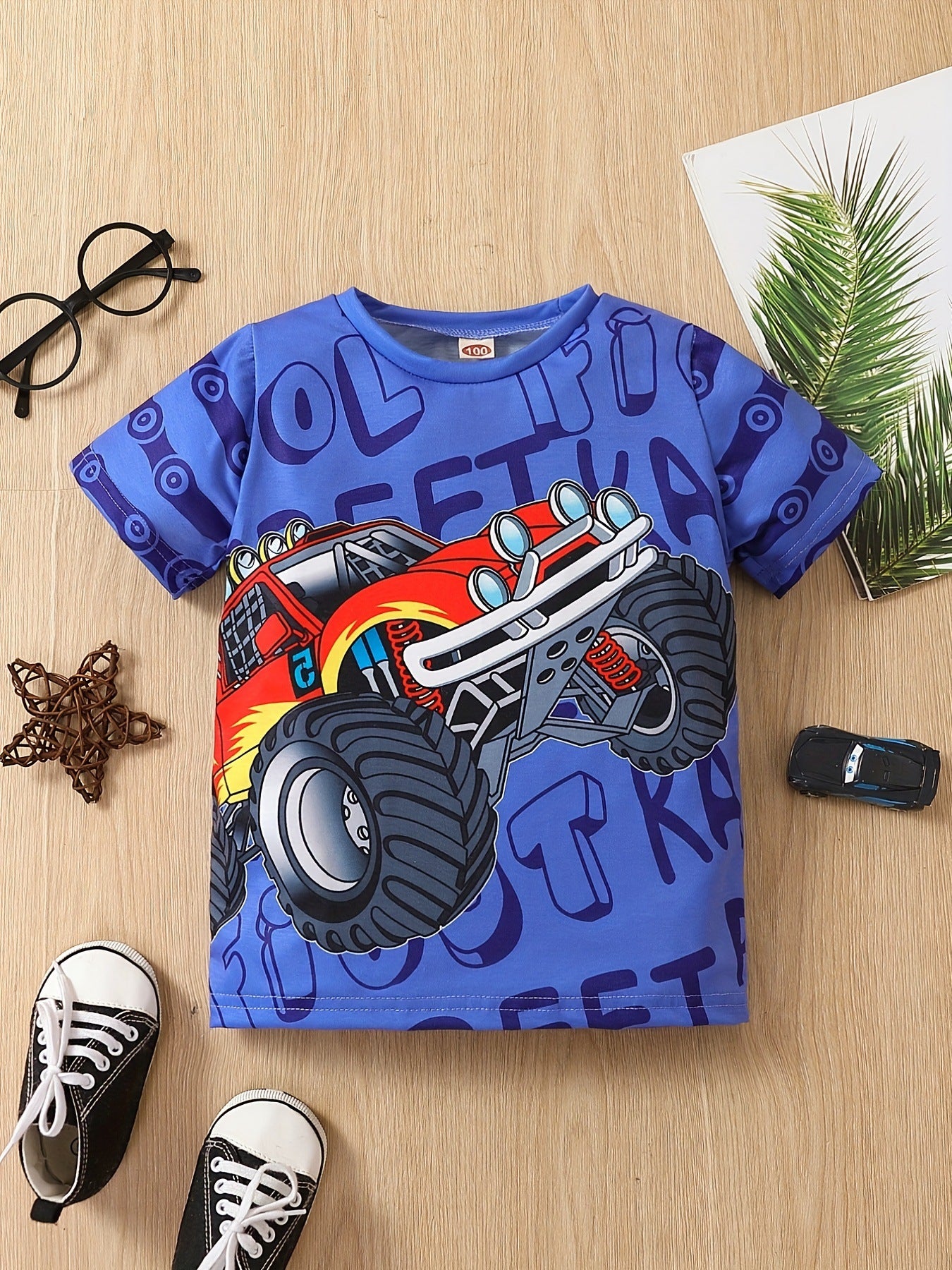 Children's Short-Sleeved T-Shirt with Cartoon Car Print