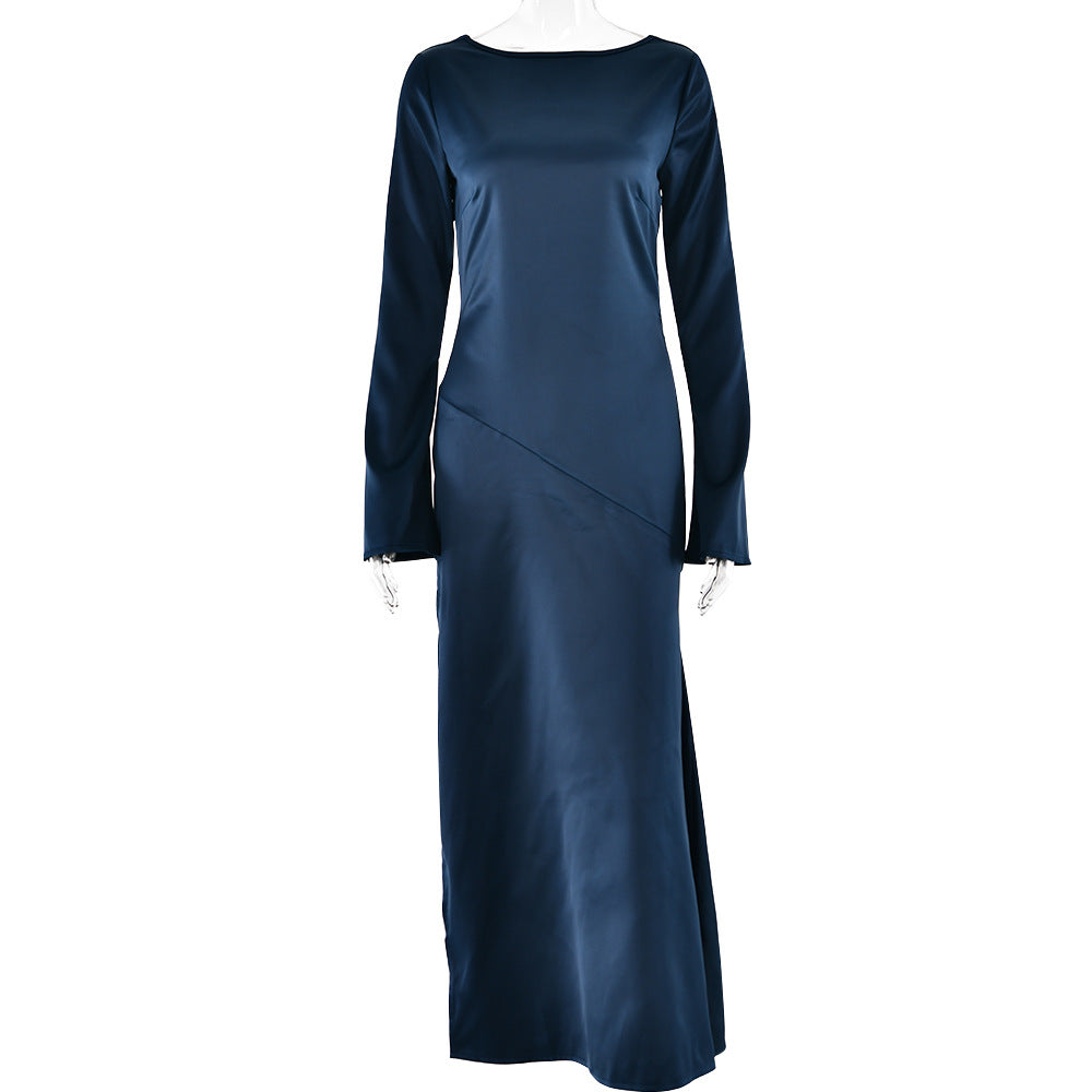 Trendy Long Sleeve Satin Backless Split Dress 2023