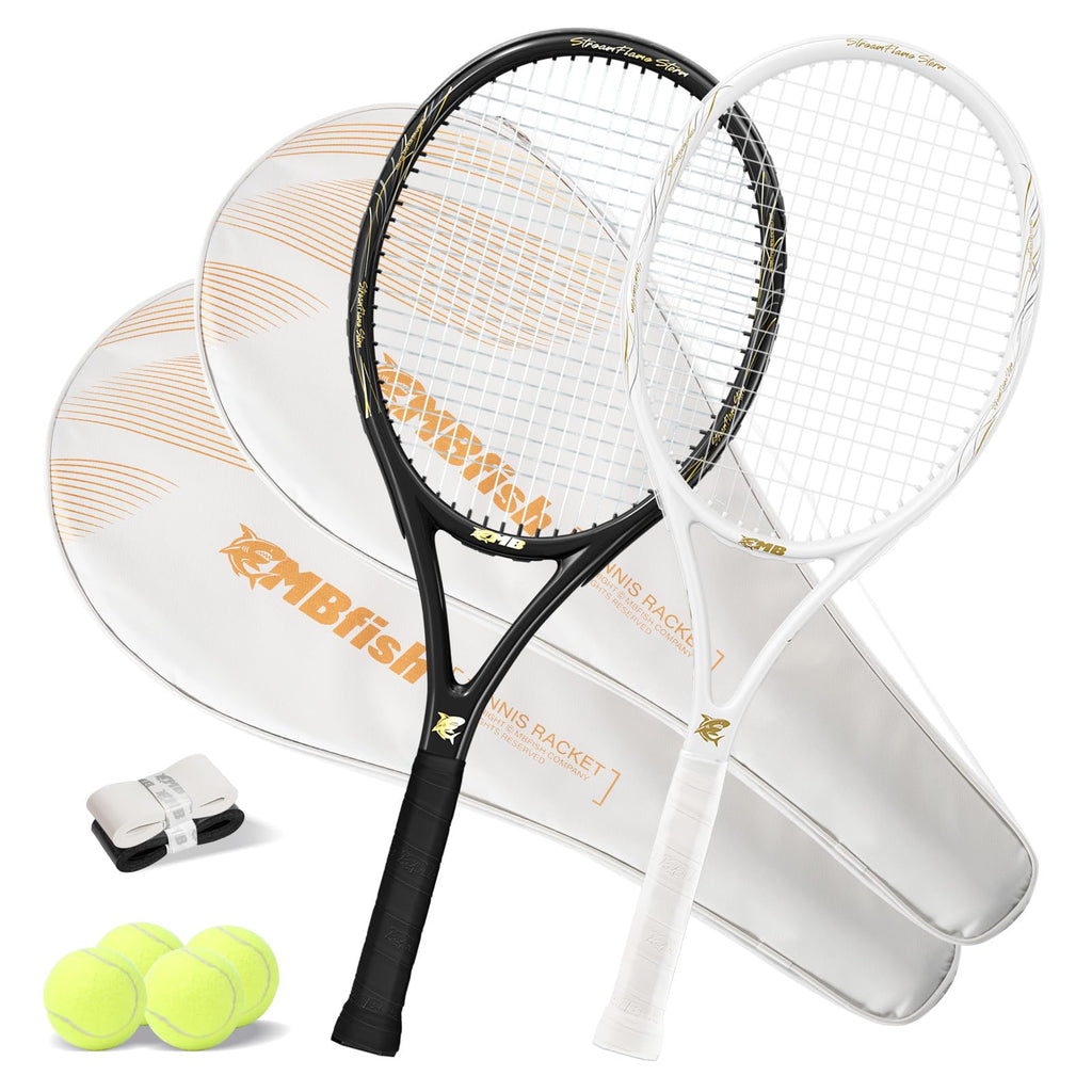 MBFISH Tennis Racket - Super Value Set with Pre-Strung Comfortable Handle 27 Tennis Racquet for Adults Includes 4 Tennis Balls 2 Overgrips and 2 Tennis Bag (White Black)