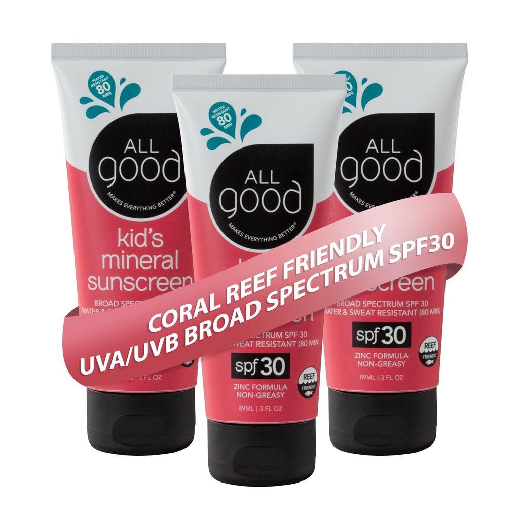 All Good Baby & Kids Sunscreen Lotion for Face & Body - UVA/UVB Broad Spectrum SPF 30 Zinc Oxide Coral Reef Friendly Water Resistant - Zinc Shea Butter Coconut Oil Aloe (3 oz)(3-pack)