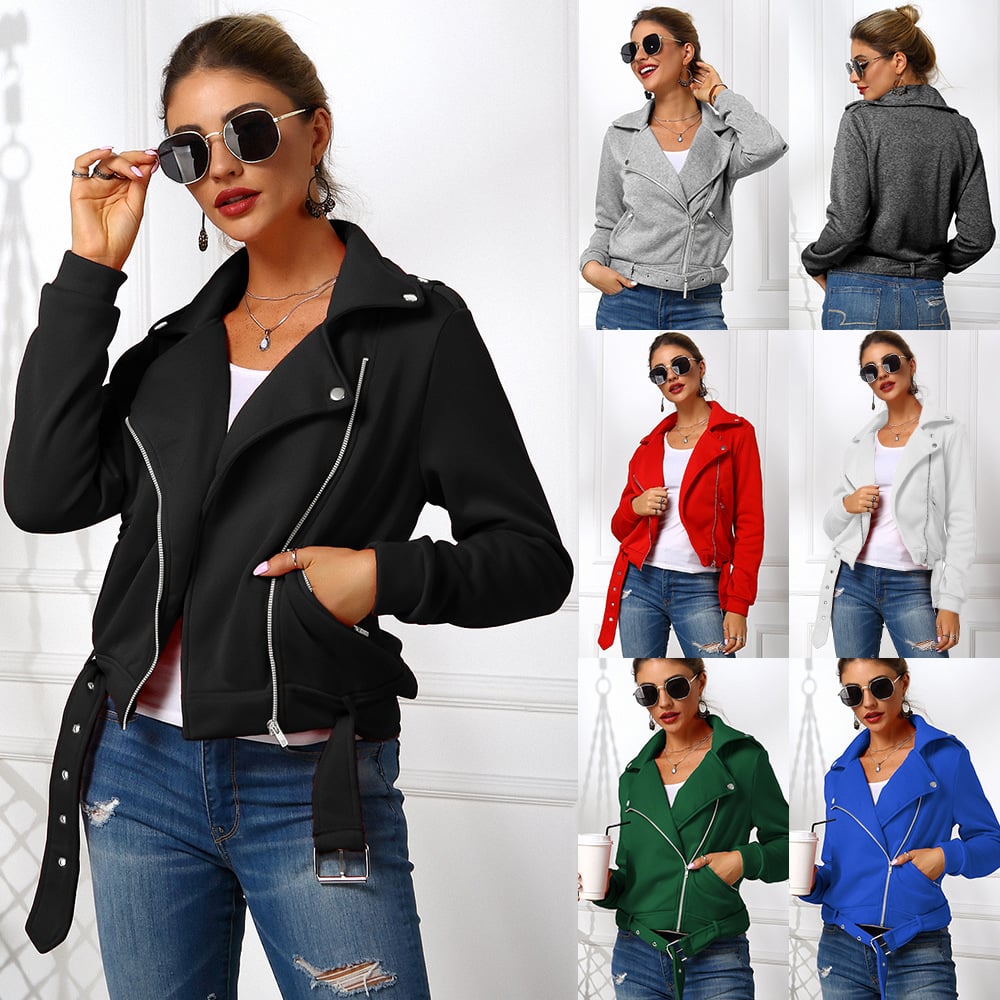 Women's Motorcycle Hoodie with Oblique Zipper Jacket