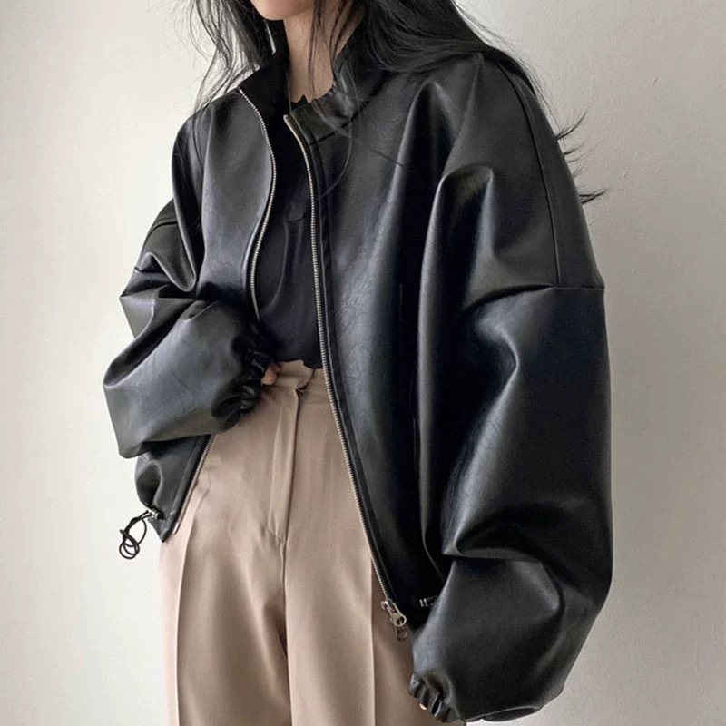 Stand Collar Zipper Motorcycle Leather Jacket with Pockets
