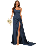 Dessiny Navy Blue Bridesmaid Dresses Plus Size for Women 2024 Ruched Long Satin One Shoulder Mermaid Bodycon Prom Dresses with Slit US16W