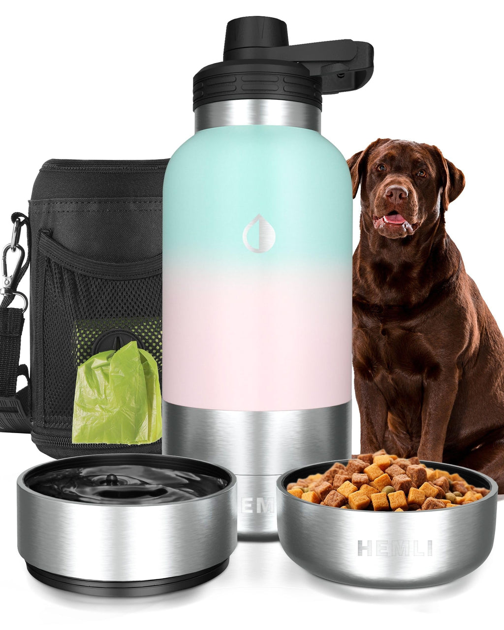 HEMLI Bouteille d'eau portable pour chien de 94 cl, gamelle de voyage portable pour chien, bouteille d'eau pour chien pour la marche, kit d'accessoires de voyage pour animaux de compagnie, bouteille de voyage pour animaux de compagnie pour la randonnée