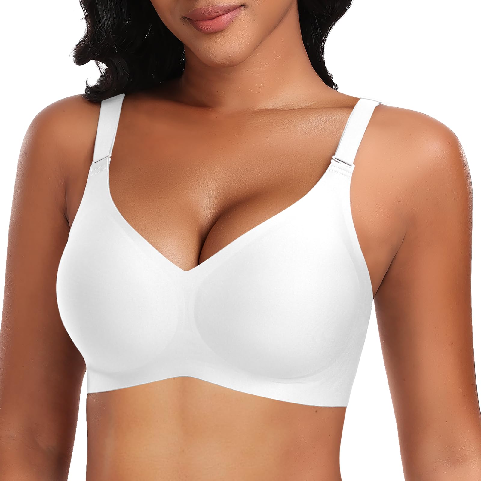 DOCUMO Wireless Bras for Women No Underwire Comfort Push Up Seamless Bra Support and Lift V Neck Bralettes with Bra Extender(White3X-Large)