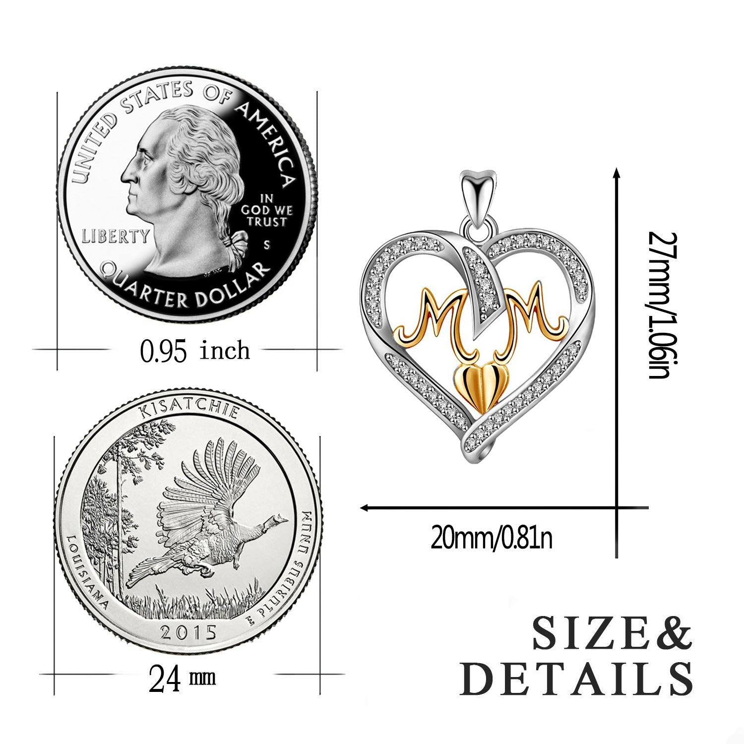 S925 Sterling Silver Heart MOM Pendant Necklace for Women