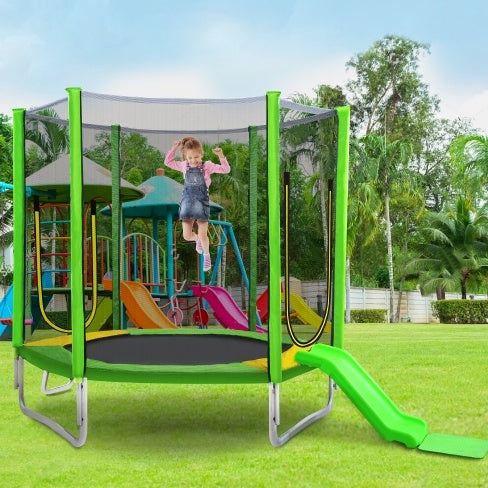 Trampoline Rond Enfant 2,13 m avec Filet de Sécurité, Toboggan et Échelle, Montage Facile, Utilisation Extérieure