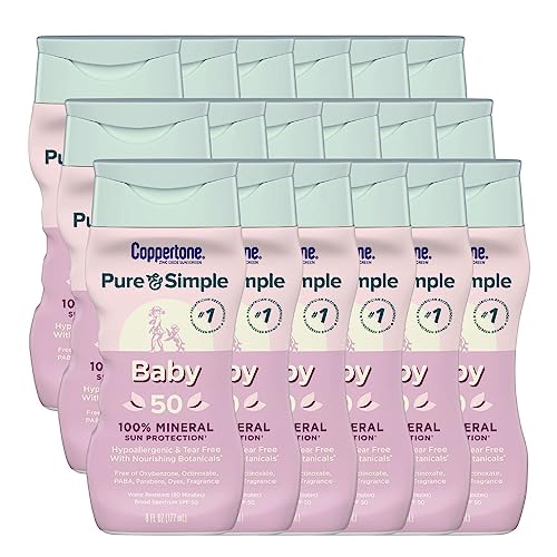 Coppertone Pure and Simple Sunscreen SPF 50 Lotion with Zinc Oxide Mineral for Babies Tear Free Water Resistant Broad Spectrum 6 Fl Oz Bottle (Pack of 18)