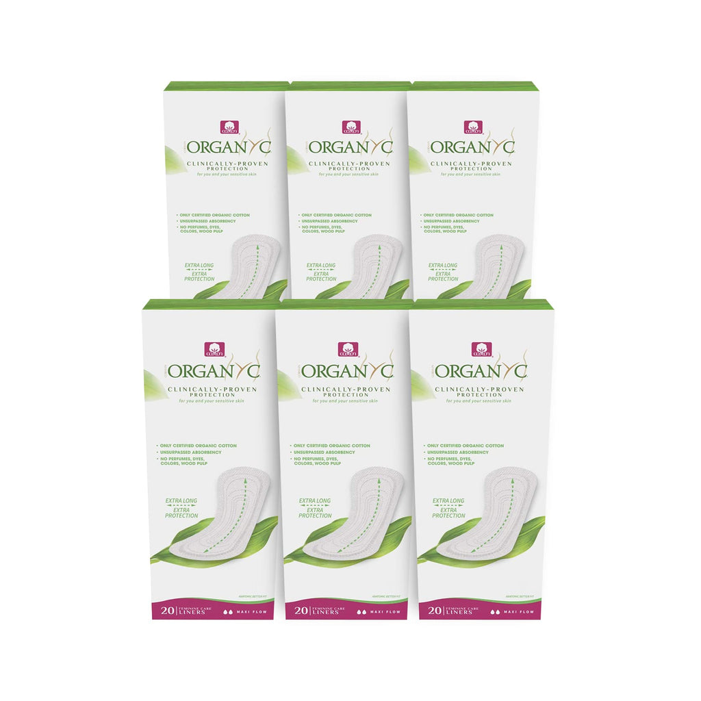 Organyc - 100% Certified Organic Cotton Flat Panty Liner - Everyday Sanitary Pad Free from Wood Pulp Perfumes SAP and Chemicals Maxi Flow 120 Count(6 Pack Maxi Flow)