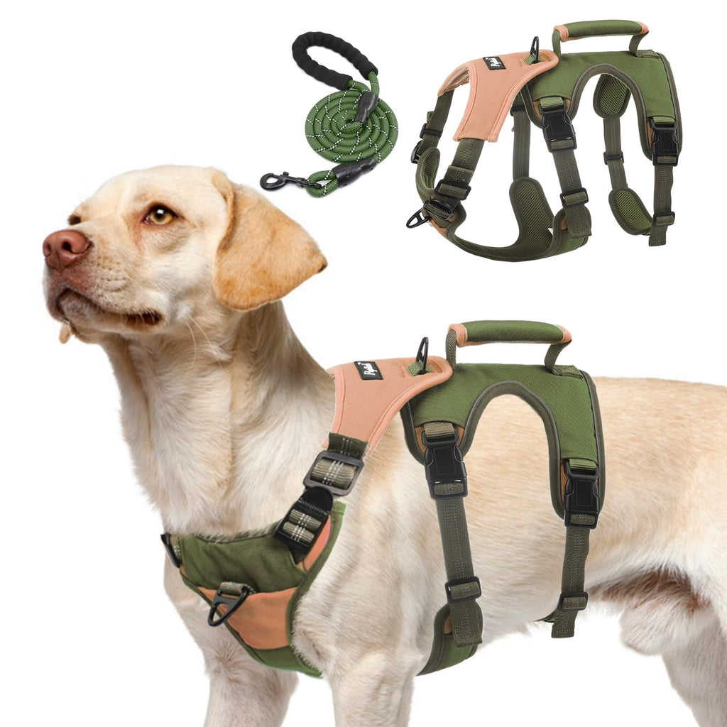 PUPTECK Escape Proof Dog Harness and Leash Set Upgraded No Pull Reflective Dog Vest with Lift Handle Easy Control Pet Harness for Medium Large Dogs Training Walking Running Green L