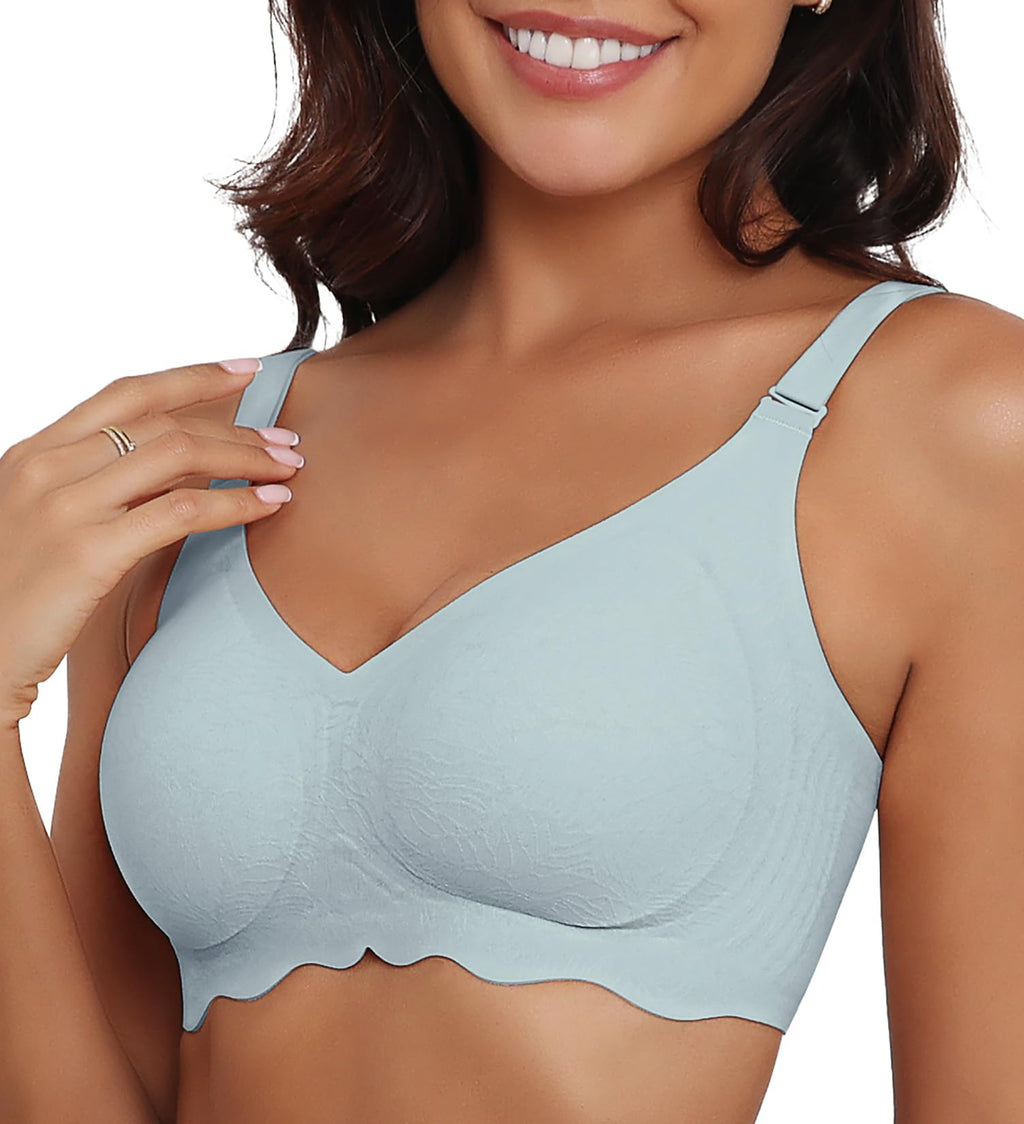 Xcutting Wireless V Neck Bras for Women No Underwire Jacquard Push Up Bralettes for Women with Support Seamless Everyday Bra with Bra Extender (Light BlueX-Large)