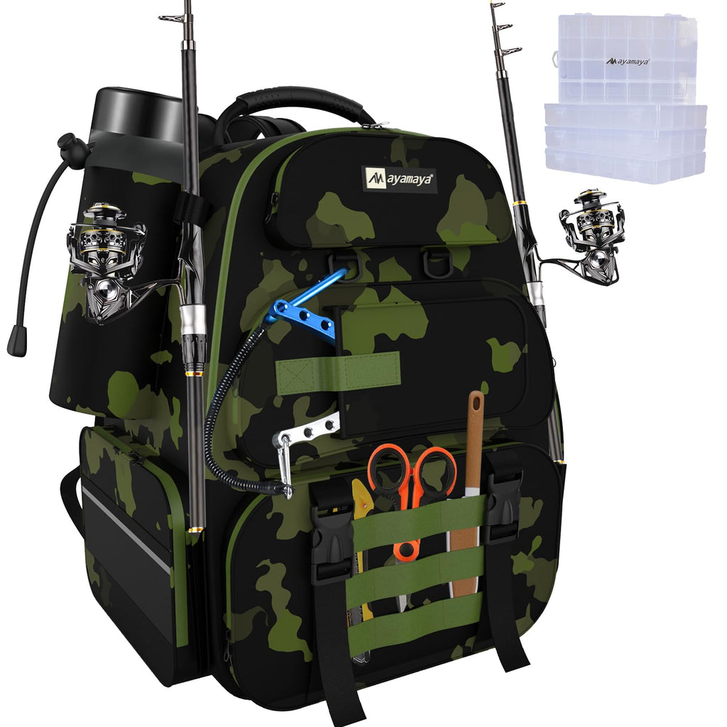 ayamaya 45L Fishing Backpack with 4 Tackle Boxes Large Fishing Tackle Backpack with Rod Holders Rubber Reet Outdoor Multifunctional Fishing Bag Gear & Equipment for Fishing Camping Hiking