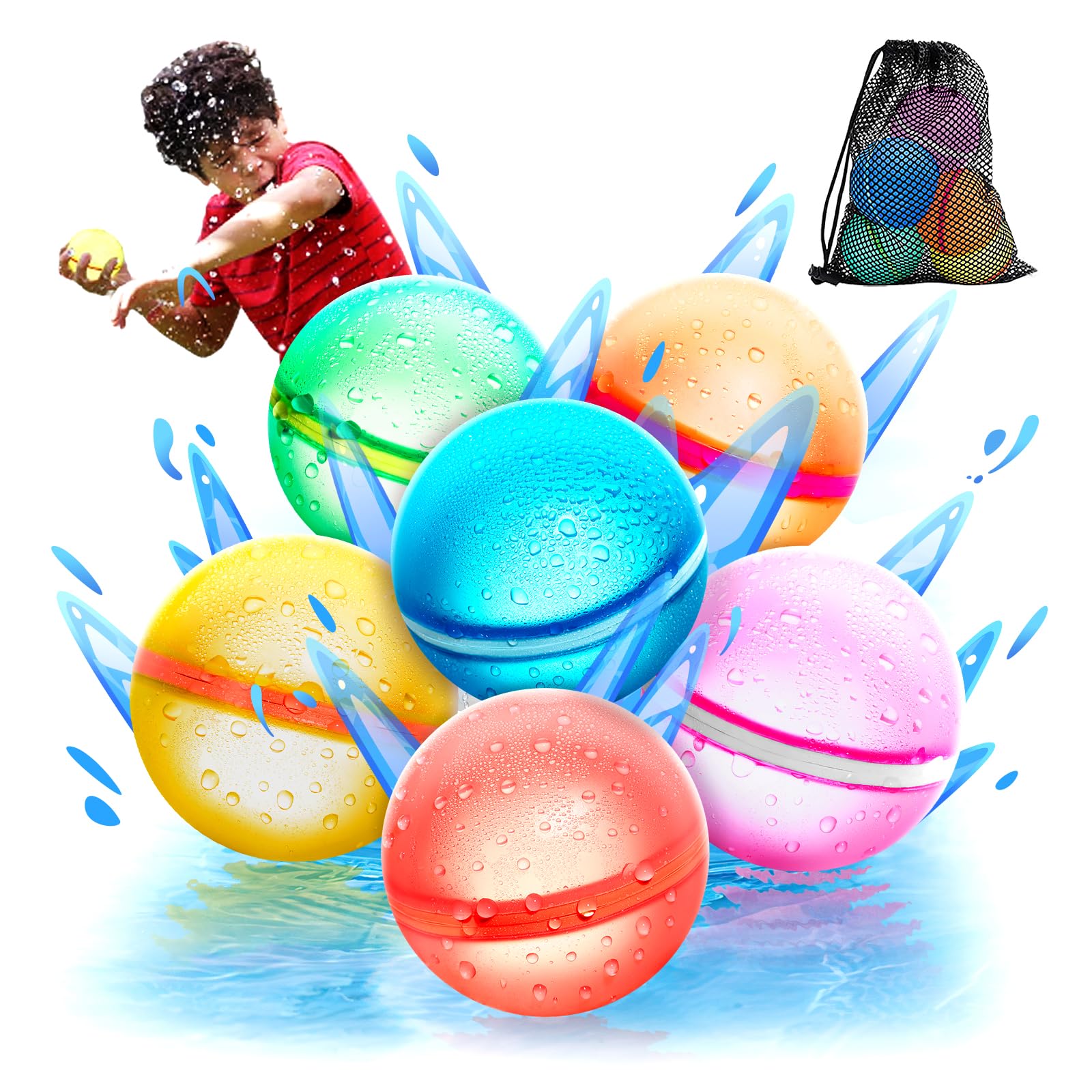 【Lot de 6】Ballons à eau magnétiques réutilisables à remplissage rapide pour enfants, activités de plein air, sans latex, jouets de piscine, de plage, de bain, bombe à eau auto-obturante à remplissage rapide pour jeux d'été