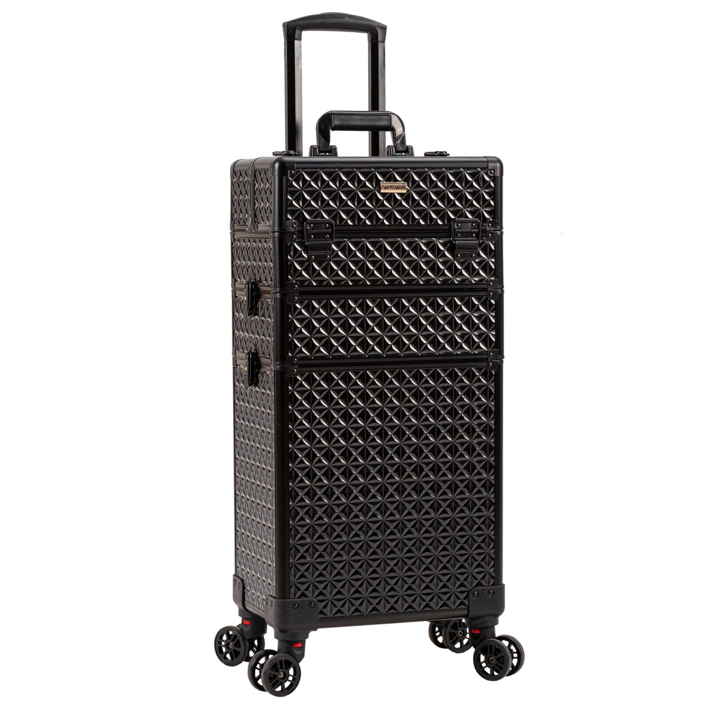 JINGUAN 3 in 1 Rolling Makeup Train Case Professional Cosmetic Trolley Large Storage with Keys Swivel Wheels Salon Barber Case Traveling Cart Trunk for Make Up Hairstylists Nail Tech Black