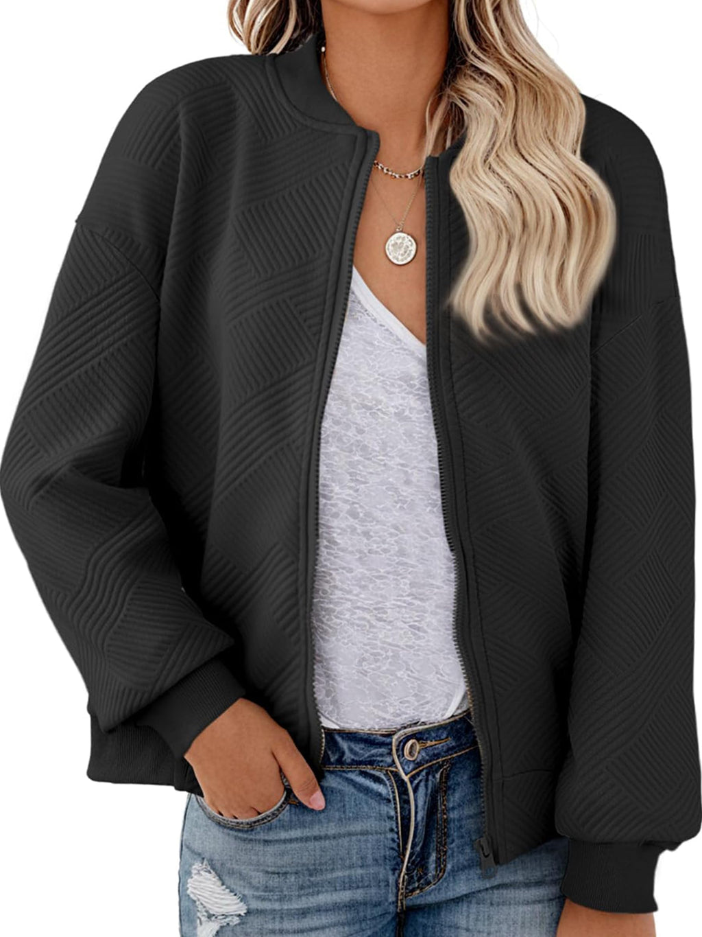 Gleam Ledra Womens Bomber Jacket Casual Coat Lightweight Zip Up Outerwear with Pockets Black X-Large