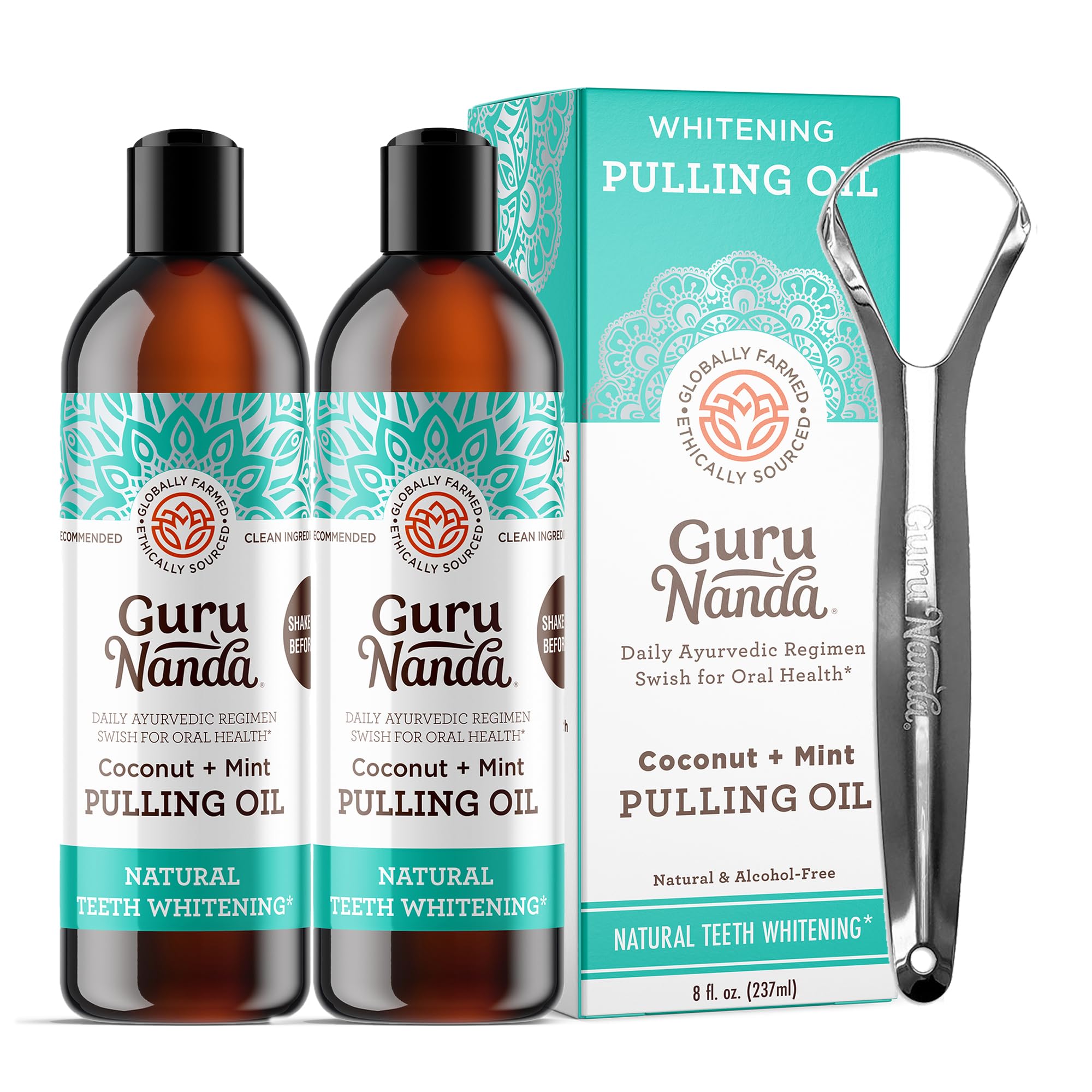 GuruNanda Whitening Pulling Oil with Coconut Oil & Peppermint Oil for Natural Teeth Whitening Fresh Breath Alcohol Free Mouthwash (8 Fl.Oz 2 Pack)