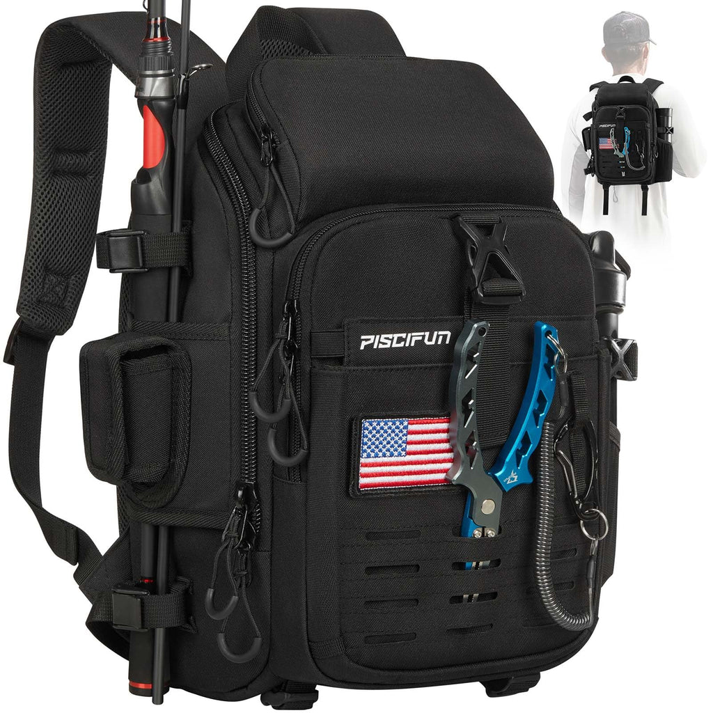 Piscifun Fishing Tackle Backpack with Rod & Gear Holder Lightweight Outdoor Water-Resistant Fishing Shoulder Storage Bag with Protective Rain Cover Black