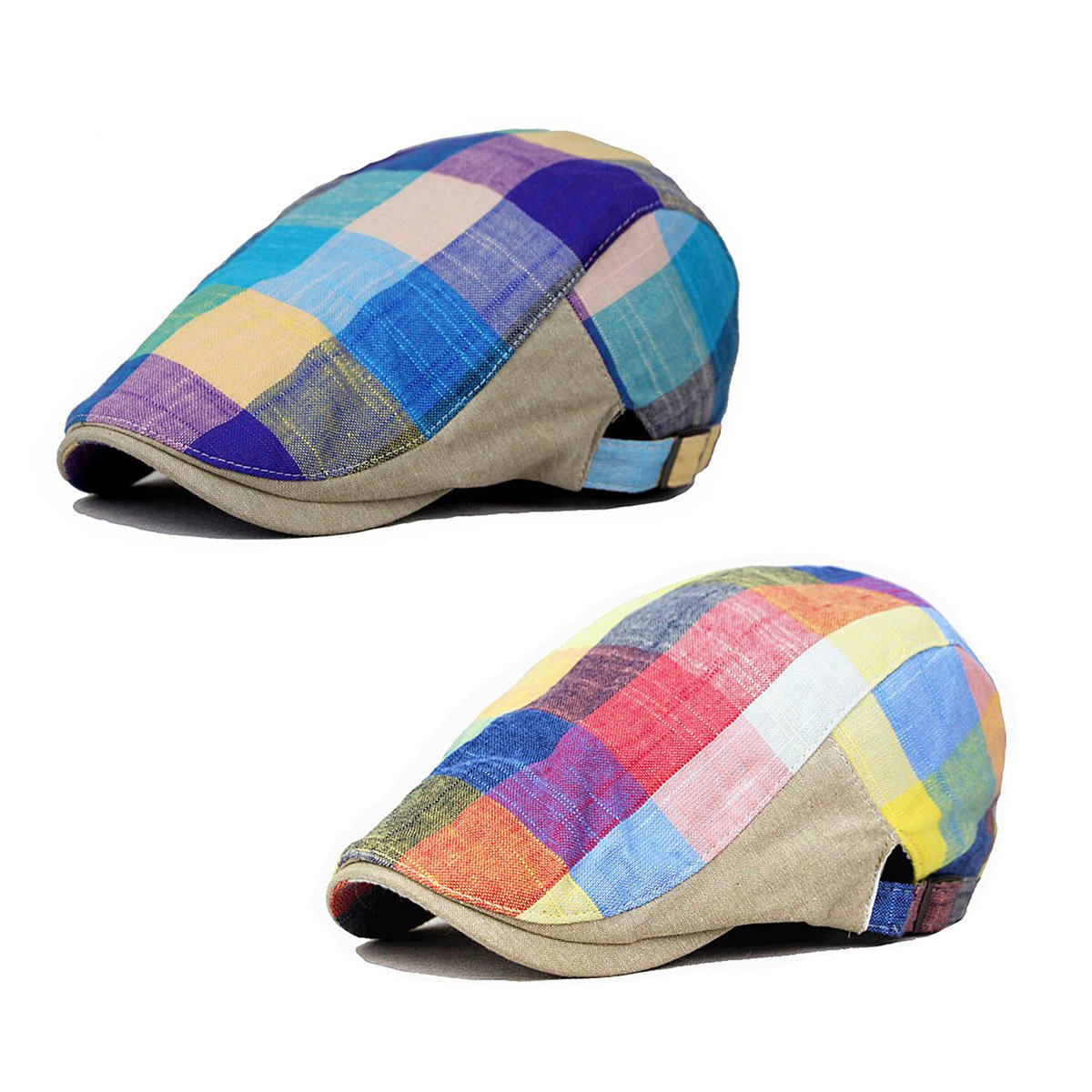 ZLSLZ 2 Pack Mens Plaid Cotton Flat Newsboy Ivy Cabbie Golf Gatsby Cap Hat Red Blue