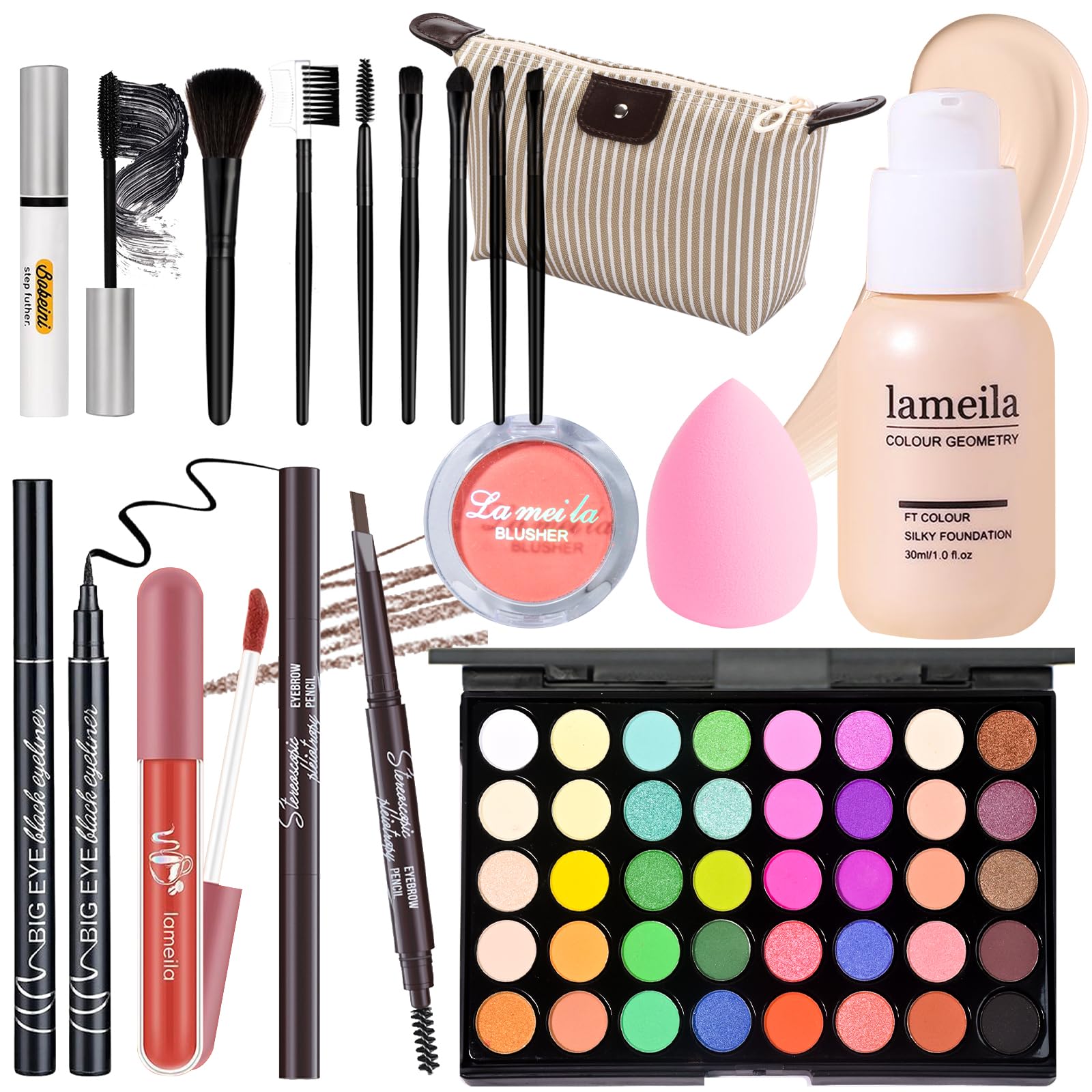 YBUETE Makeup Set Full Kit for Girls Teens Women Makeup Present Set Includes Eyeshadow Foundation Blusher Eyebrow Pencil Mascara Eyeliner Brushes Lip Gloss Sponge Cosmetic Bag