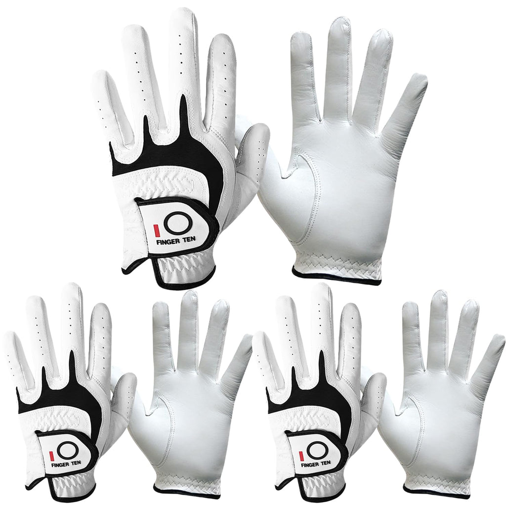 FINGER TEN Golf Gloves Men Right Left Handed Golfer 3/6 Pack Mens Golf Glove Left Right Hand Soft Cabretta Leather All Weather Grip Size S M ML L XL (White-3 Pack X-Large Left)