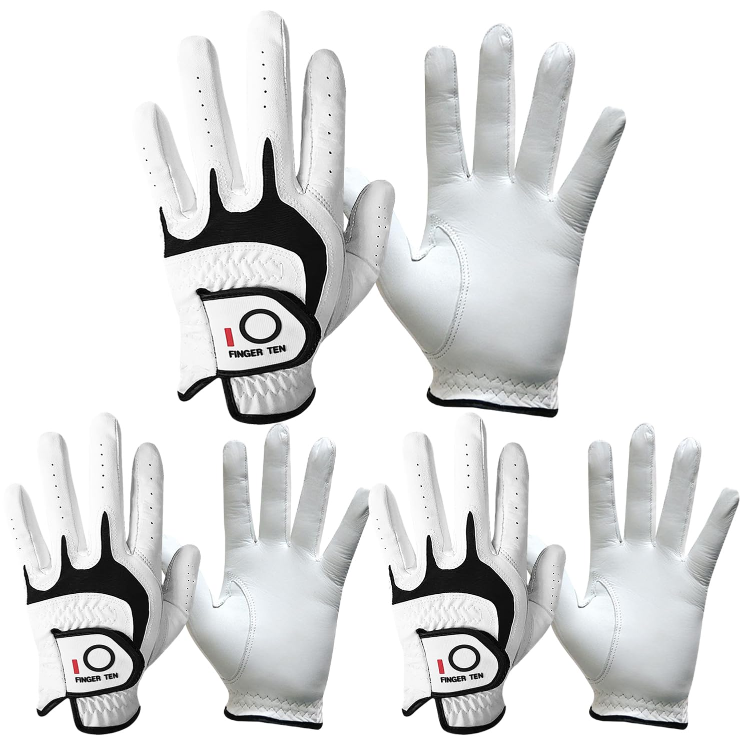 FINGER TEN Golf Gloves Men Right Left Handed Golfer 3/6 Pack Mens Golf Glove Left Right Hand Soft Cabretta Leather All Weather Grip Size S M ML L XL (White-3 Pack X-Large Left)