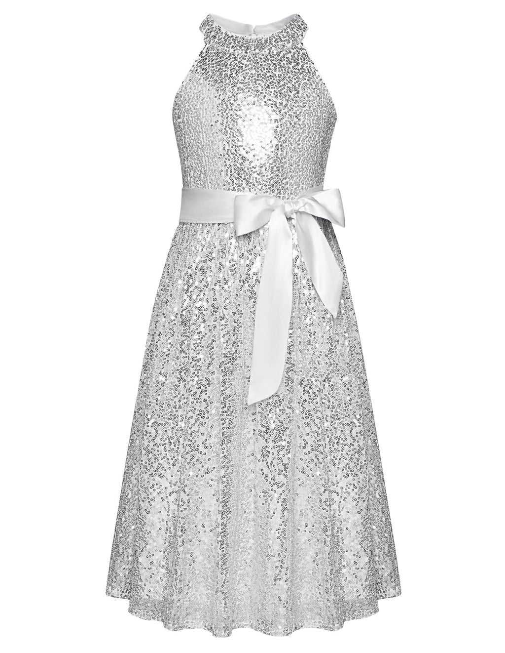 GRACE KARIN Girls Sequin Party Dress Cute Girls Prom Princess Midi Dress for Birthday Silver Multicoloured 8Y