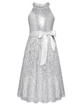 GRACE KARIN Girls Sequin Party Dress Cute Girls Prom Princess Midi Dress for Birthday Silver Multicoloured 8Y